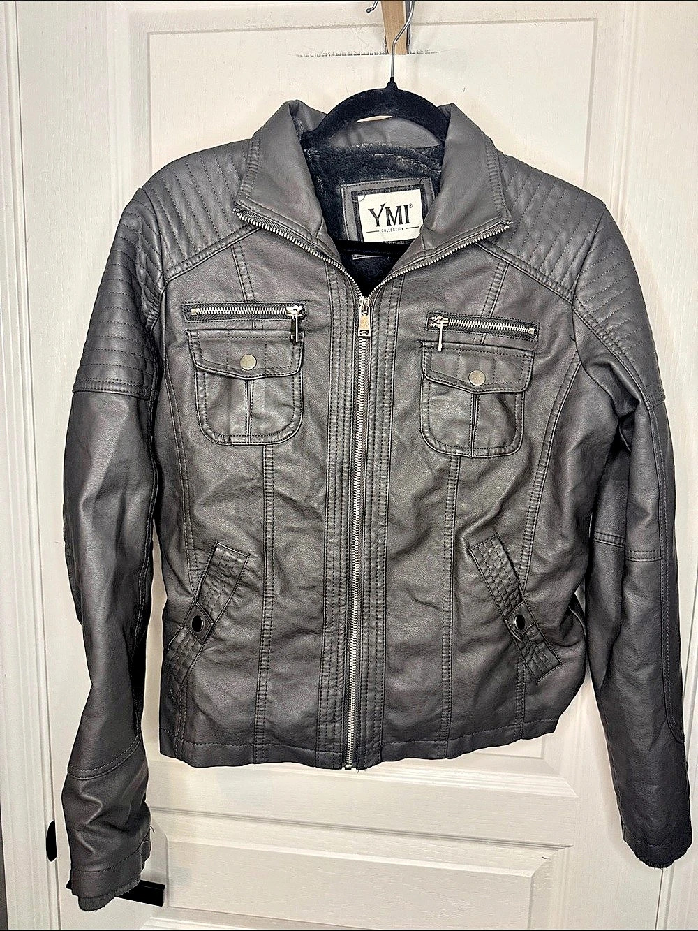 YMI Collection Faux Leather Moto Jacket with Sherpa Hood Large